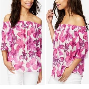Rachel Roy Off Shoulder White Purple Floral Hawaiian Top